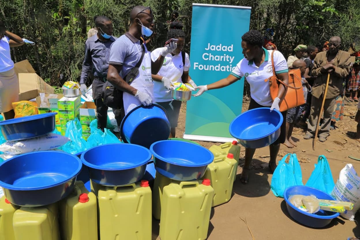 Food and household supplies distribution with Jadad Charity Foundation banner